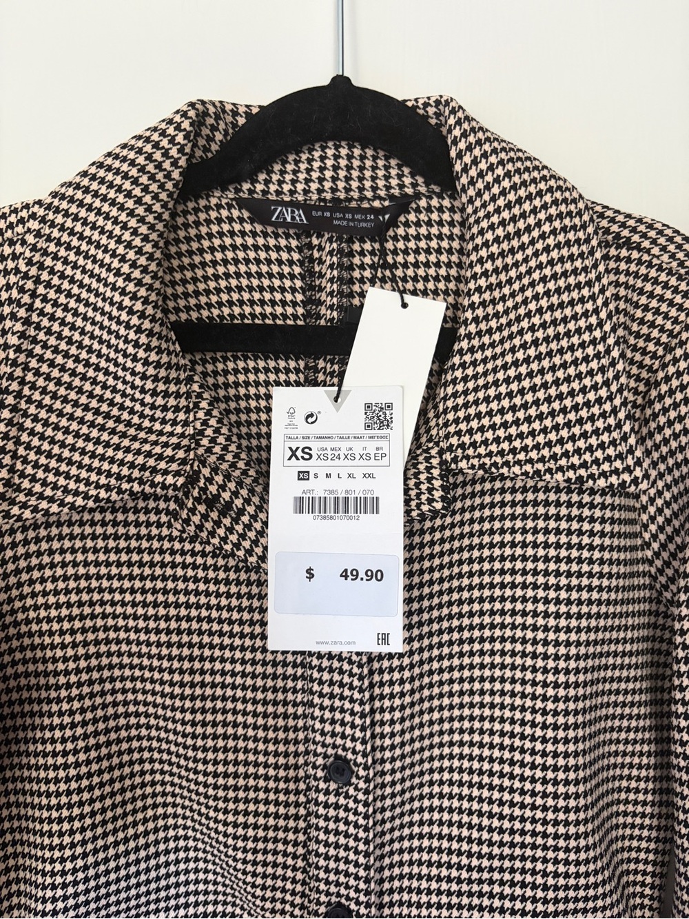 NWT Zara Houndstooth Ruched Button Front Mini Dress - Picture 3 of 5